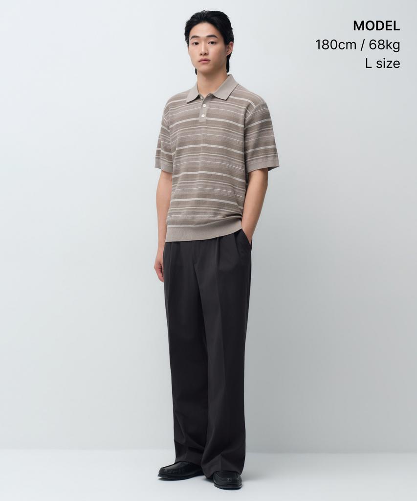 Musinsa Standard Multi-Stripe Collared Short Sleeve Knit [Beige]