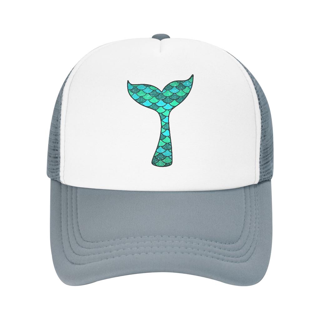 Mermaid Tail Print Trucker Hat Breathable Mesh Baseball Cap Black White Adjustable Casual Outdoor Headwear