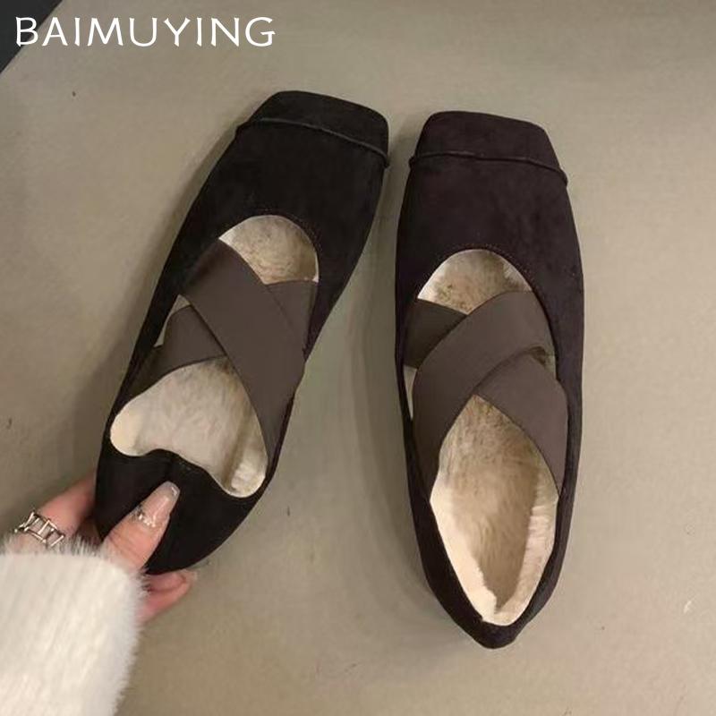 Wildleder Spitzschuhe Ballettschuhe Kurzer Plüsch Flache Slipper Lässige Baumwollschuhe 2025 Trend Walking Weich Winter Damen Zapatillas