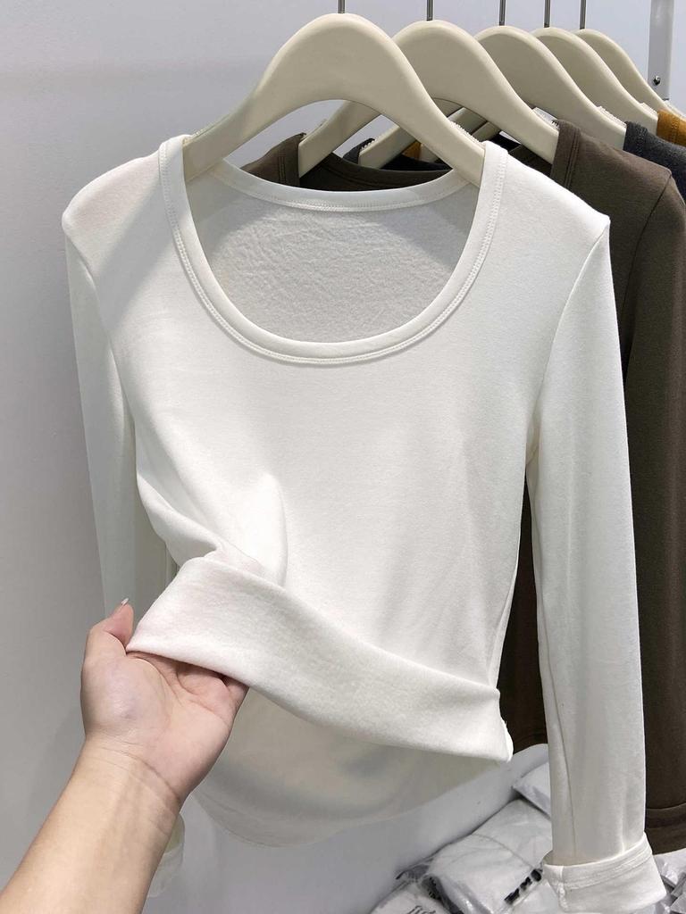 Korean Style Brushed Long-Sleeve T-Shirt for Women - 2025 Autumn/Winter, Collarbones Show Style, Inner Top