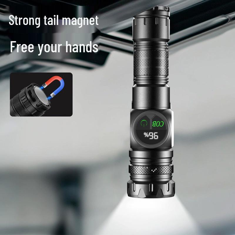 Smart Portable Flashlight with Digital Display, COB Side Light, Magnetic Base, and White Laser Core for Outdoor and Repair Use