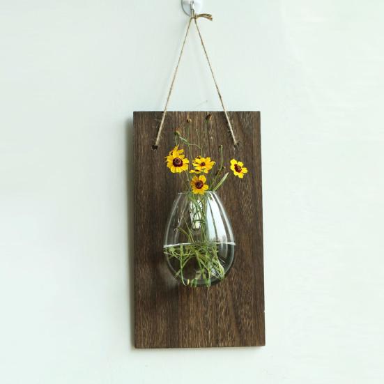 Yousheng Glass Wall Planter Hanging Vase with Wooden Board Oblate Flower Vase for Hydroponics Plants Flowers Home Office Decor