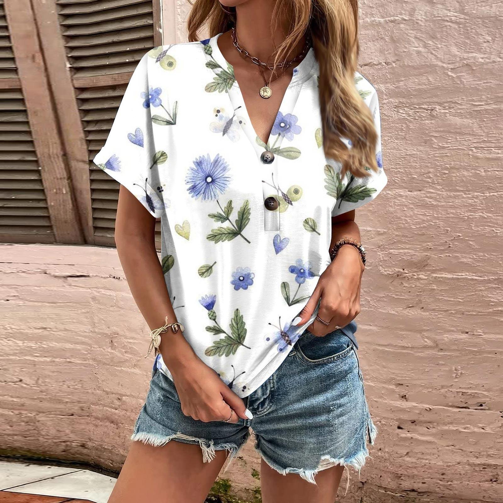 

Модные женские свободные летние простые повседневные топы с V-образным вырезом и пуговицами с короткими рукавами L синий