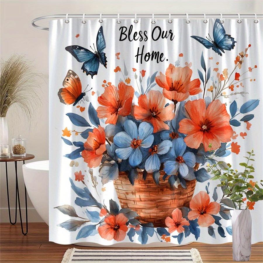 1pc Wicker Basket with Butterfly Shower Curtain - Watercolor Orange and Blue Floral Pattern, Polyester Fabric, for Bathroom 90X180cm