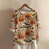 Camicia alla moda e casual da donna a maniche corte con scollo rotondo e stampa, blusa top in cotone e lino