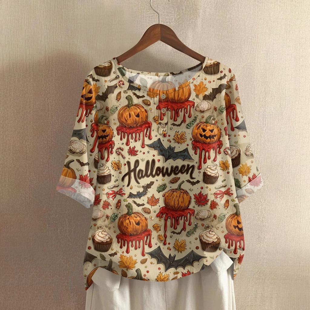 Camicia alla moda e casual da donna a maniche corte con scollo rotondo e stampa, blusa top in cotone e lino