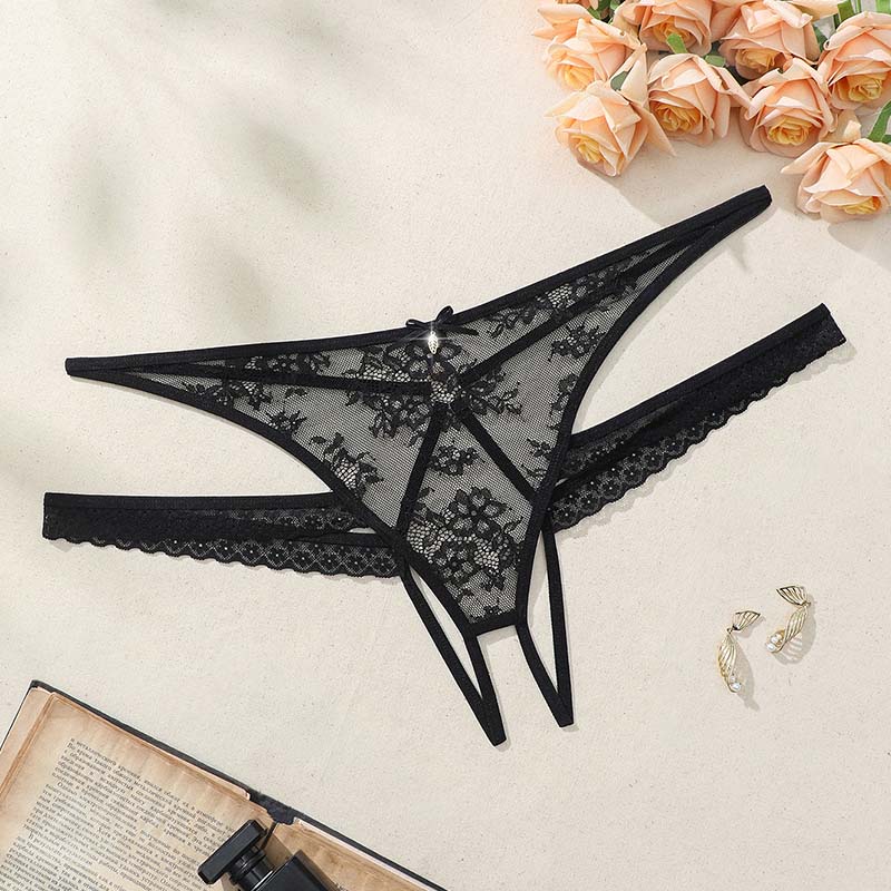 2026 LY New Wholesale Black Polyamide Floral Low-waisted Hollow Bow Open Crotch Plus Size1XL-4XL Women's Lace Panty G-string