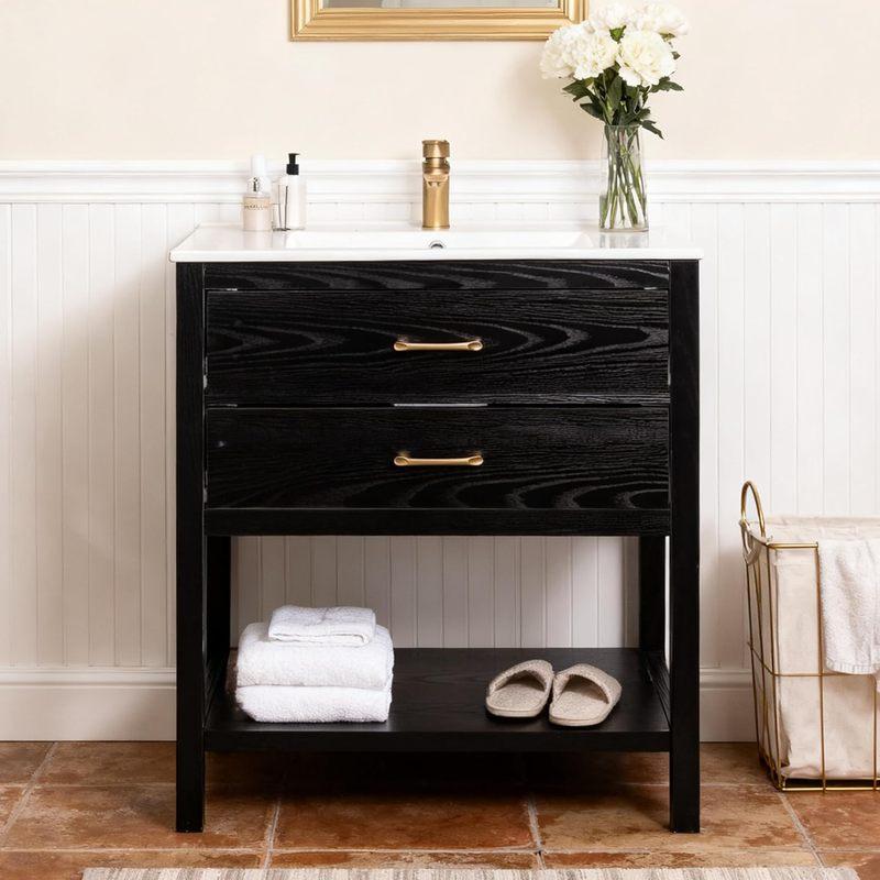 30" Bathroom Vanity with Sink, Farmhouse Freestanding Bathroom Cabinet with 2 Drawers & Open Shelf, Metal Handles,, Customized