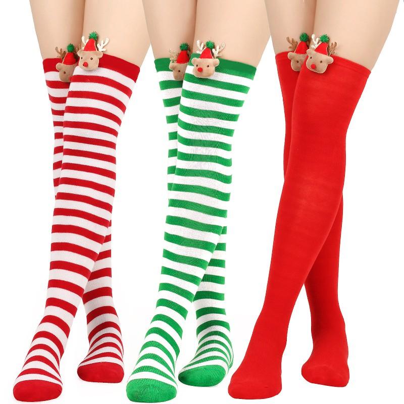 Womens Over Knee Socks Christmas Reindeer Striped Long Santa Claus Accessories