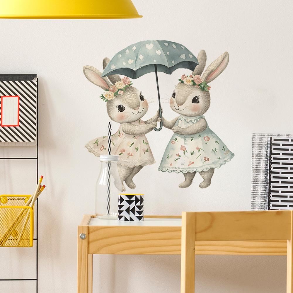 Coniglietti Disegnati a Cartone Animato con Ombrelli Camera da Letto Soggiorno Ingresso Abbellimento e Decorazione Casa Adesivi Murali