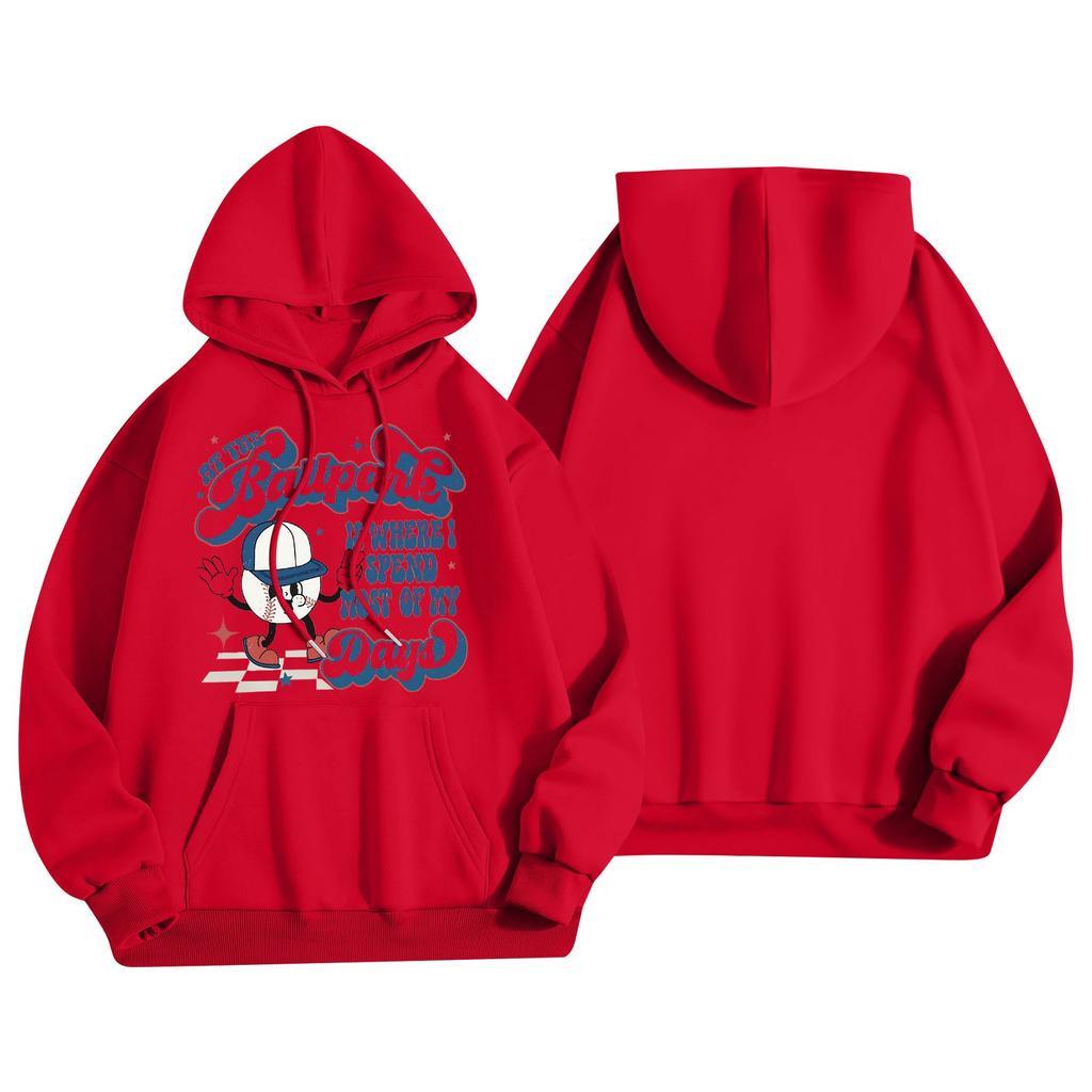 Dammode Lättviktig Långärmad Pullover Med Fickor Baseballtryck Hoodie