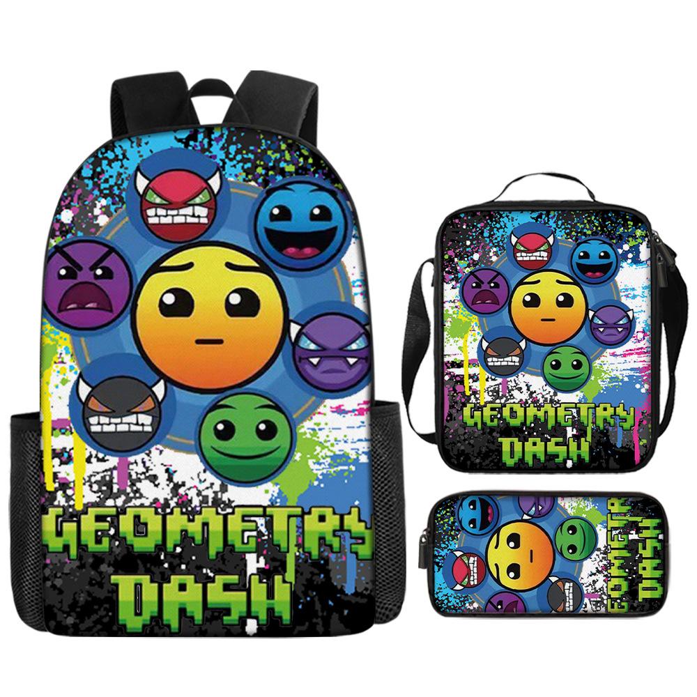 Cartoon Geometry Dash Kinder Schulrucksack mit Umhängetasche Federmäppchen Schultaschen für Jungen Mädchen Bestes Geschenk