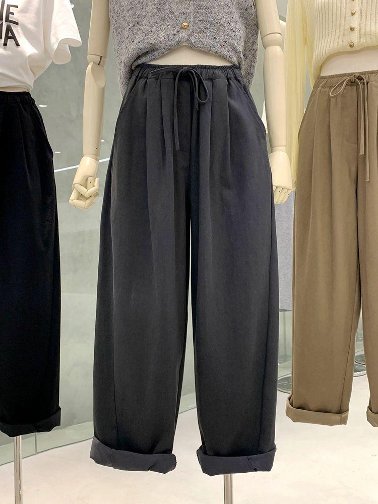 Plus Size Women's High Waist Wide Leg Pants - Spring Loose Fit with Elastic Lace-up Waist