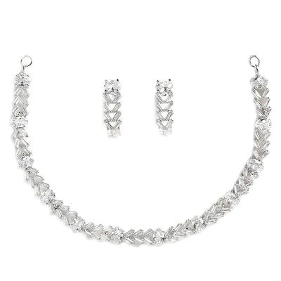 Rhodium Plated Silver Toned White American Diamond Studded Necklace With Earring Jewellery Set For Woment and Girl
