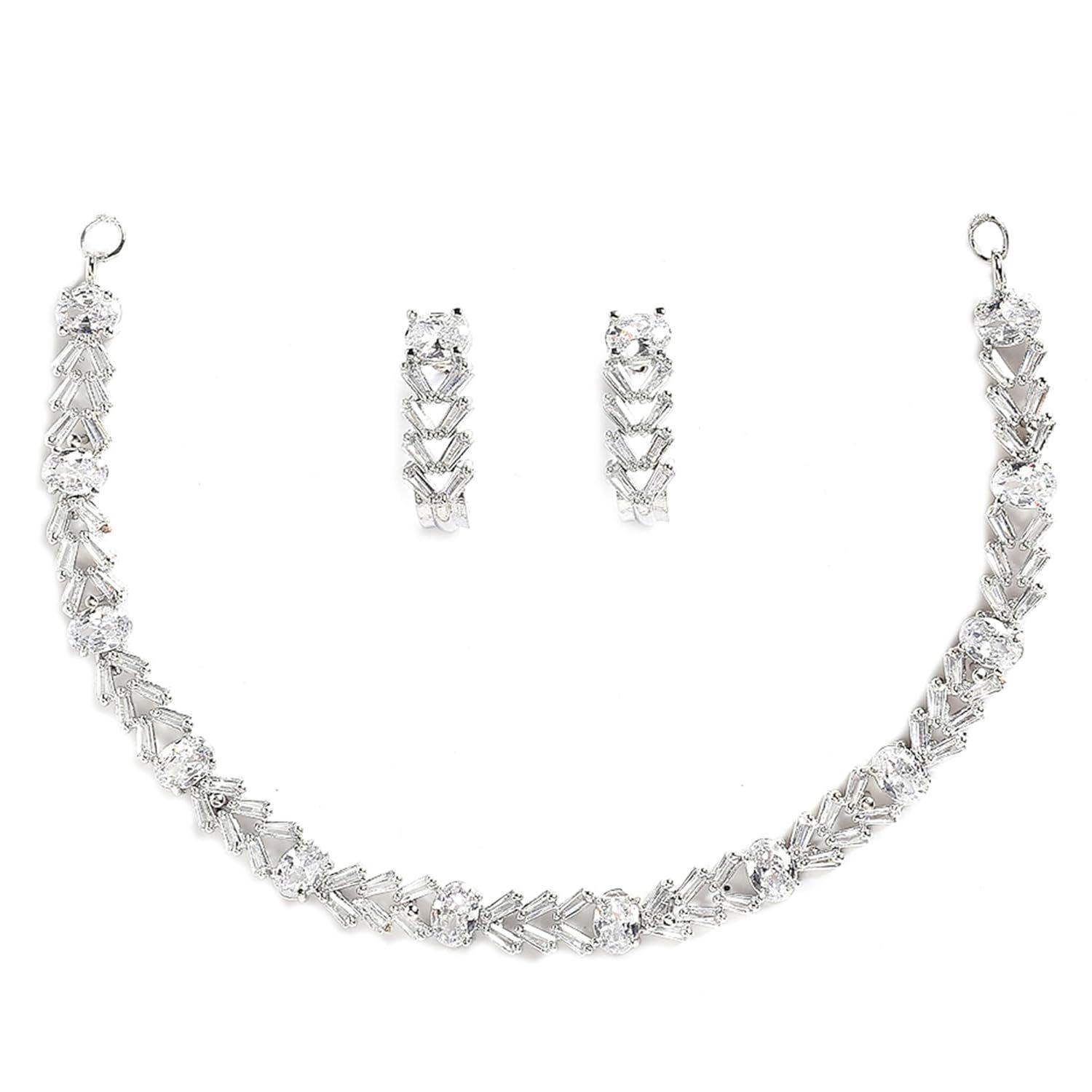 

Rhodium Plated Silver Toned White American Diamond Studded Necklace With Earring Jewellery Set For Woment and Girl