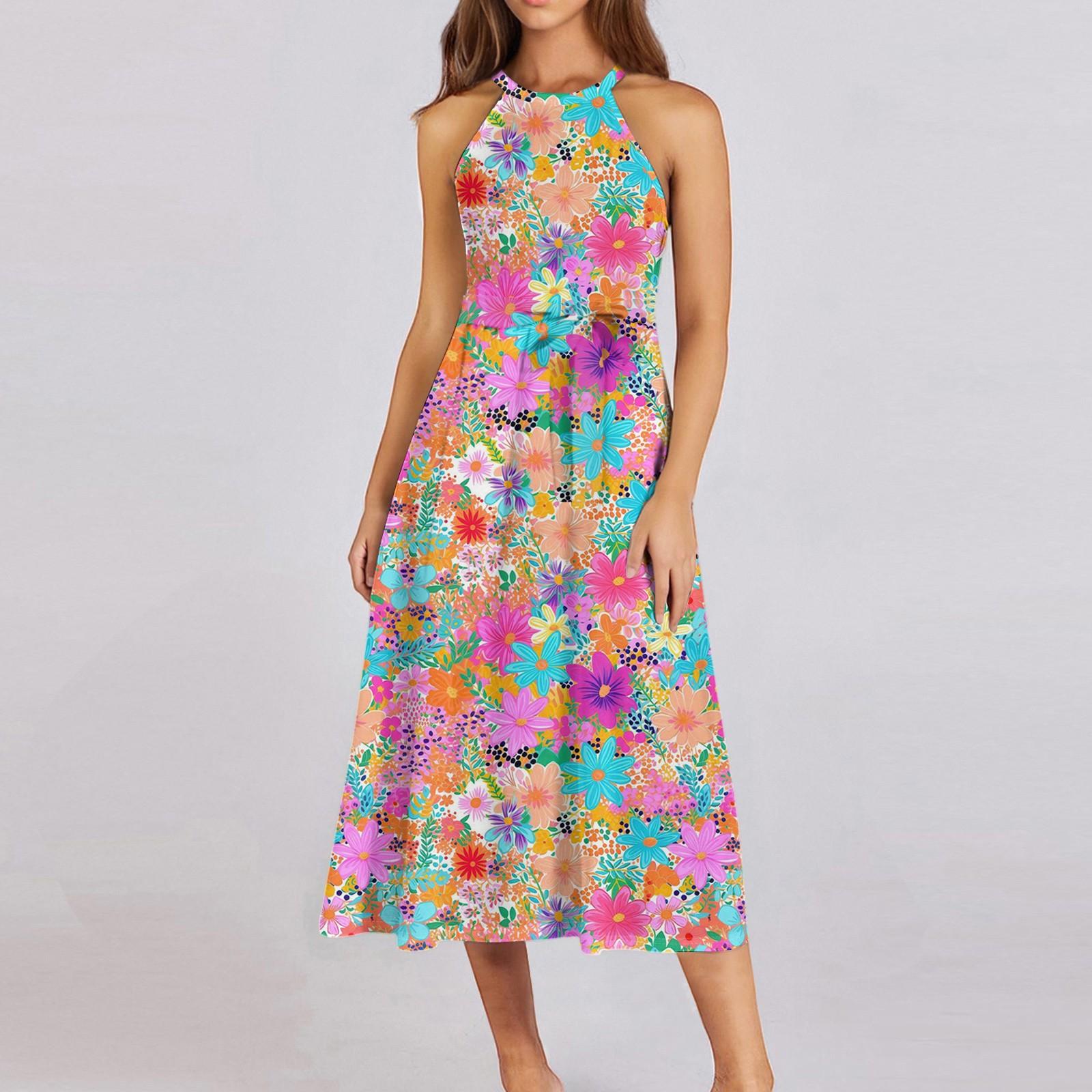 

Женское повседневное платье миди с круглым вырезом, классическое, повседневное, без рукавов, свободное платье в стиле бохо с завязками, летний пляжный сарафан M