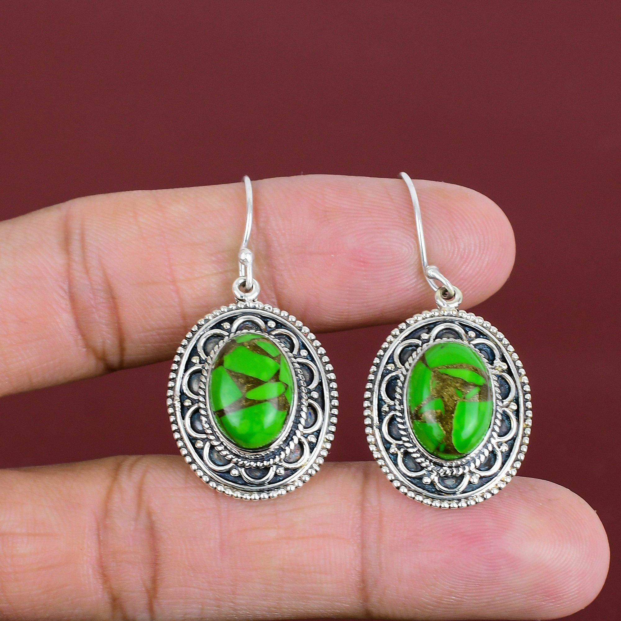 Copper Green Turquoise Earring 925 Sterling Silver Earrings Vintage Earring Green Turquoise Gemstone Jewelry Gifts For Her Handmade Earrings