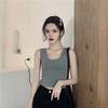 Women Summer Casual Sleeveless Solid Color U Collar Bare Midriff Crop Top