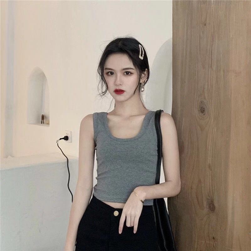 Women Summer Casual Sleeveless Solid Color U Collar Bare Midriff Crop Top