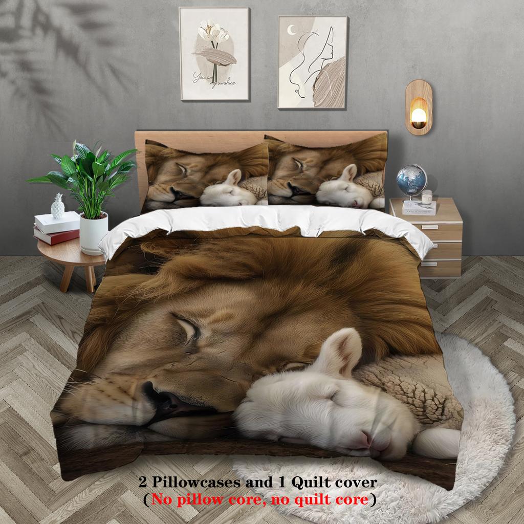 3pcs Lion and sheep pattern printed bedding set,for teens and adult,soft, comfortable and breathable duvet cover, bedroom, hotel