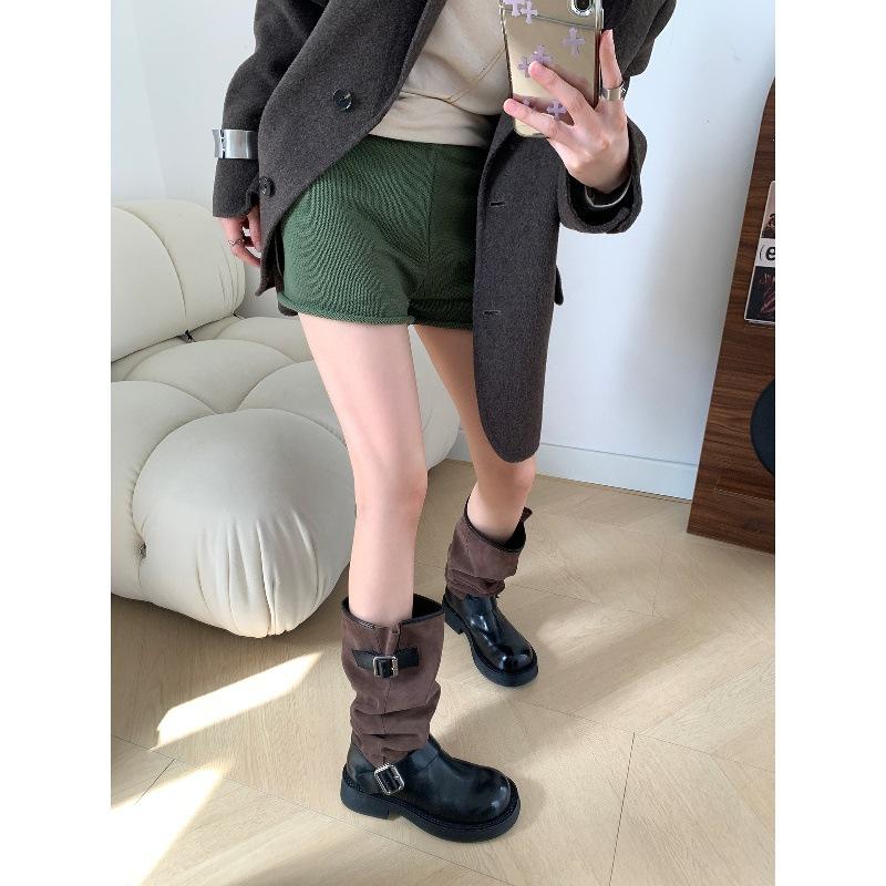 Cowhide version~ Skinny long boots splicing stacking boots women's niche retro heightening thick-soled small knight boots