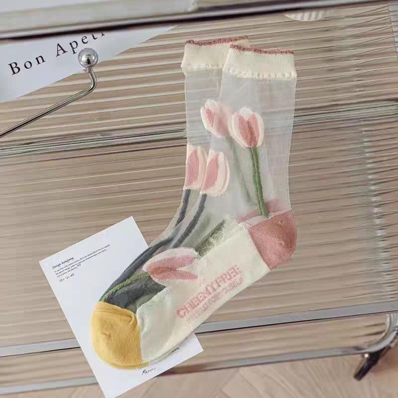 Ultra-thin Transparent Crystal Silk Insole Women Summer Harajuku Crew Insole Retro Flower Streetwear Elastic Insole