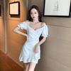 Temperament Low-cut V-neck Bubble Sleeve Dress Summer New Waist and Thin Irregular Ruffle Leaf Edge Hip Skirt