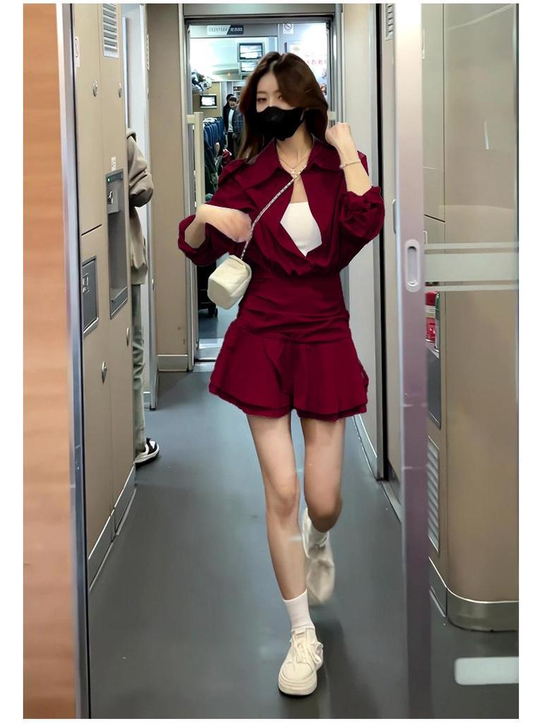 Schlankmachendes V-Ausschnitt Chiffonkleid: Damen Unifarben Langarm für Frühling & Herbst, Petite Taillenbetonung Französischer Stil.