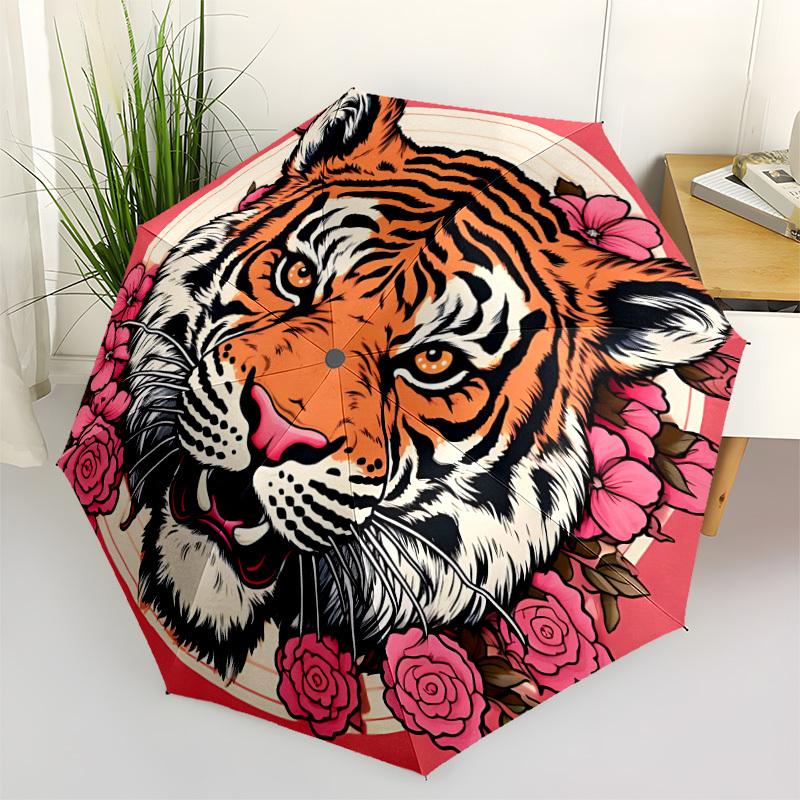 1pc Tiger Flowers Automatic Open/close Folding Compact Umbrella, 8-Rib Sturdy Canopy, Lightweight Portable, Everyday Use, Gift,049