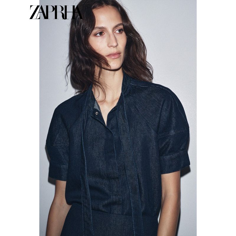 Zaprha 2025 Autumn New Bowknot Decoration Puff sleeve round Neck Short sleeve Demin shirt Top 5216249