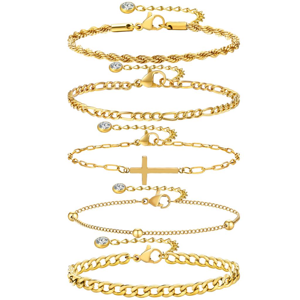 Stainlesss Steel Chain Bracelets Set,5pcs Dainty Layered Bracelet Jewelry For Women Gift