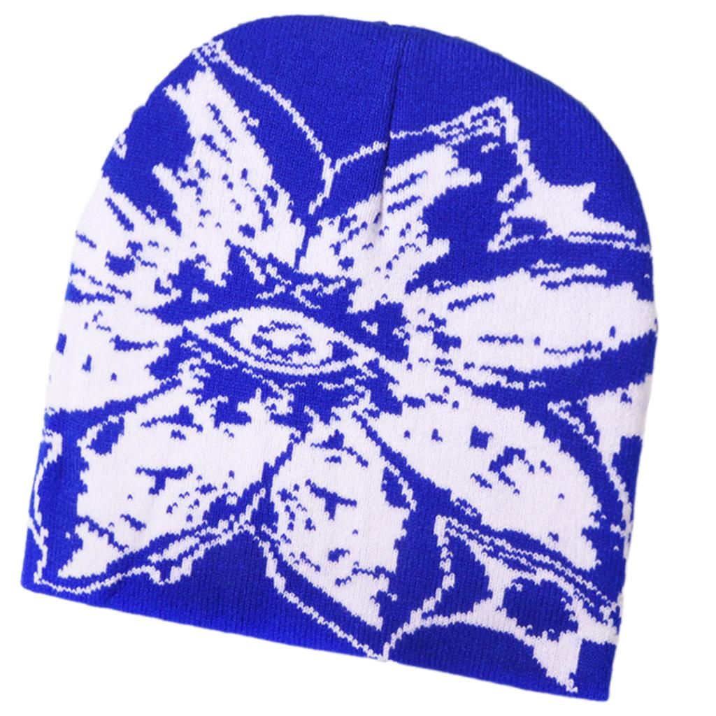 Unisex Jacquard Eye Flower Pattern Knitted Beanies Hat Fashionable Winter Warm Hiphop Bonnet Skull Hat for Men and Women