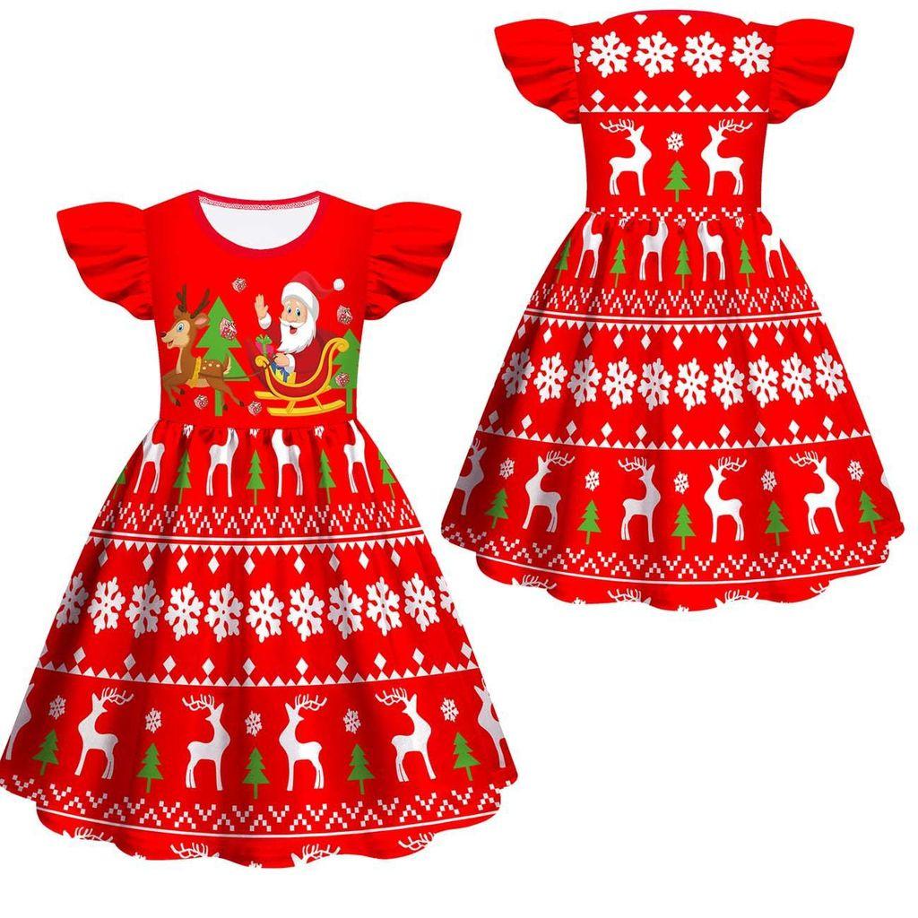 Kids Girls Cartoon Santa Claus Christmas Tree Elk Print Ruffle Sleevess New Year Dress