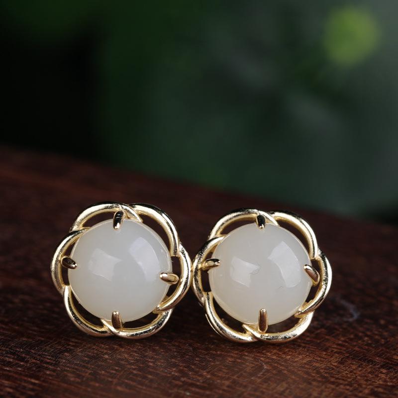 

Ретро Этнический Стиль Серьги с Нефритовыми Цветами, Серебро 925 пробы с Золотым Покрытием, Пусеты с Вставками из Нефрита Хетан для Женщин 925 Silver