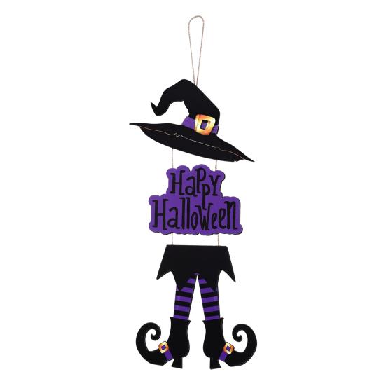 Happy Halloween Welcome Sign Witch Legs Hat Hanging Wooden Wall Decor Rustic Front Door Hanger for Porch Wall Indoor Outdoor Decor