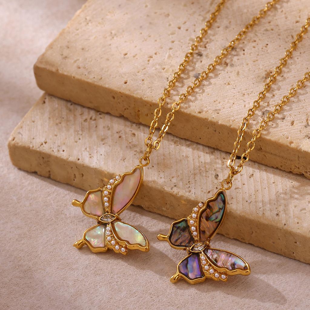 Stainless Steel Luxury Colored Shell Zircon Butterfly Pendant Exquisite Necklace For Women New Fashion Neck Chain Jewelry Gift