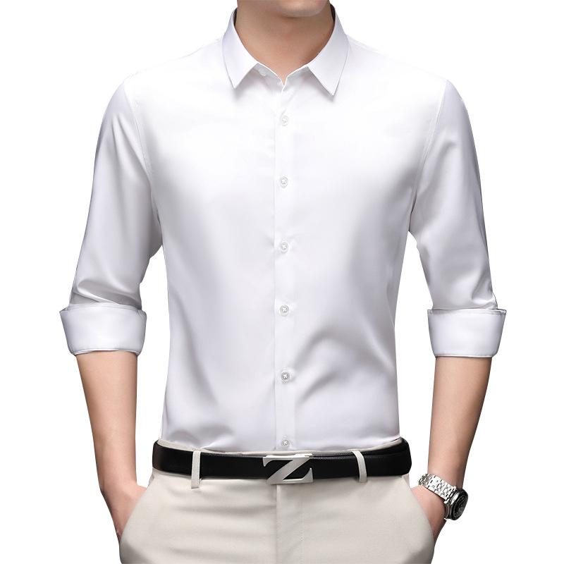 Men's Solid Color Iron-Free Stretch Korean Style Slim Fit Long Sleeve Business Casual Shirt - White