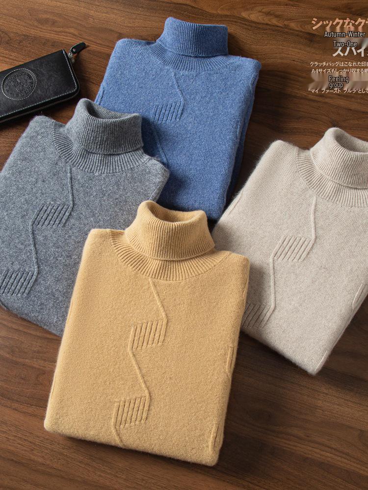 Suéter Masculino de Cashmere de Gola Alta com Fio Duplo - Grosso, Manga Longa, Tamanho Grande, Tricô de Cor Pura