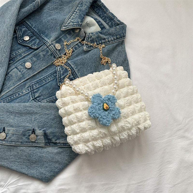 

Cute Women s Pleated Shoulder Bag Stylish Pearl Chain Cloud Floral Design In Soft Nylon Without Pearl Chain