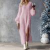 Elegant V-neck Long Sleeve Plush Long Dress Fashion Button Decorated Loose White Dress Autumn Winter Lady Sexy Split Party