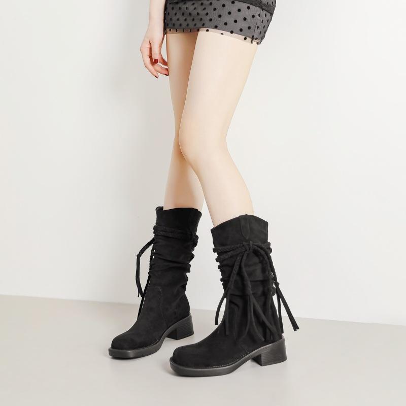 Medium tube retro hand-woven fringed thick-heeled knight boots wasteland wind pleated piled boots autumn and winter thin short boots