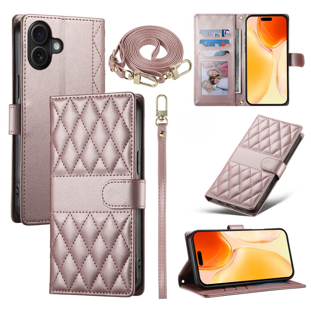 For iPhone 17 Case Rhombus Stitching Wallet Stand Leather Phone Cover with Long/Short Strap