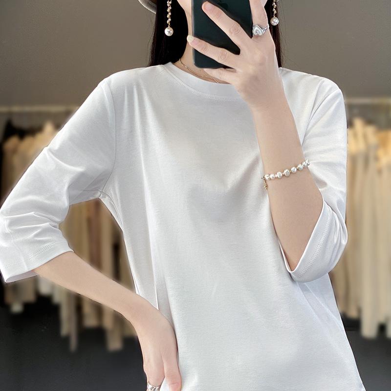 Spring and Summer Women Cropped Sleeve Female Round Neck Loose Cotton Short Sleeve Bottoming T-Shirt
