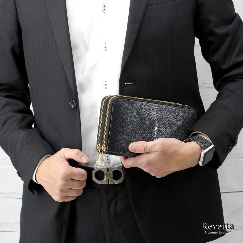 Levetta Stingray Leather Long Wallet, Large Capacity, 40 Card Slots, Double Zipper Closure, Gold, Galuchat, Stingray, Black, Men's, Genuine Leather