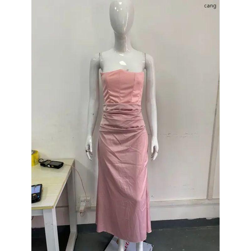 2025 European and American Spring Summer New Waist Hugging Sheath Long dress Satin Tube Top Pleat Patchwork One piece Dress Women clothing