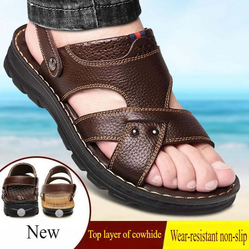 Summer Men Leather Sandals Genuine Leather Non-slip Men Shoes Slippers Outdoor Thick-soled Beach Shoes Comfor Soft Men Sandalias