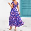 V-neck Backless Pleated Fly Sleeve Printed Dress