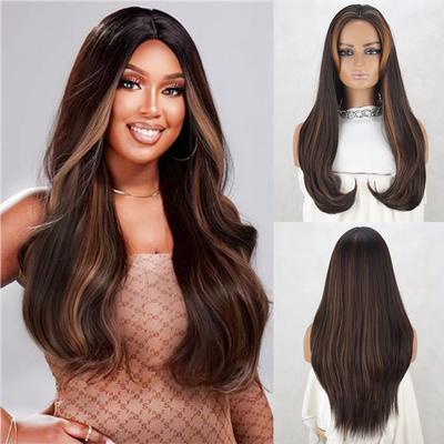 Synthetic Brown Long Wavy Wig Highlight Middle Part Natural Wavy Wig for Women Daily Party Use