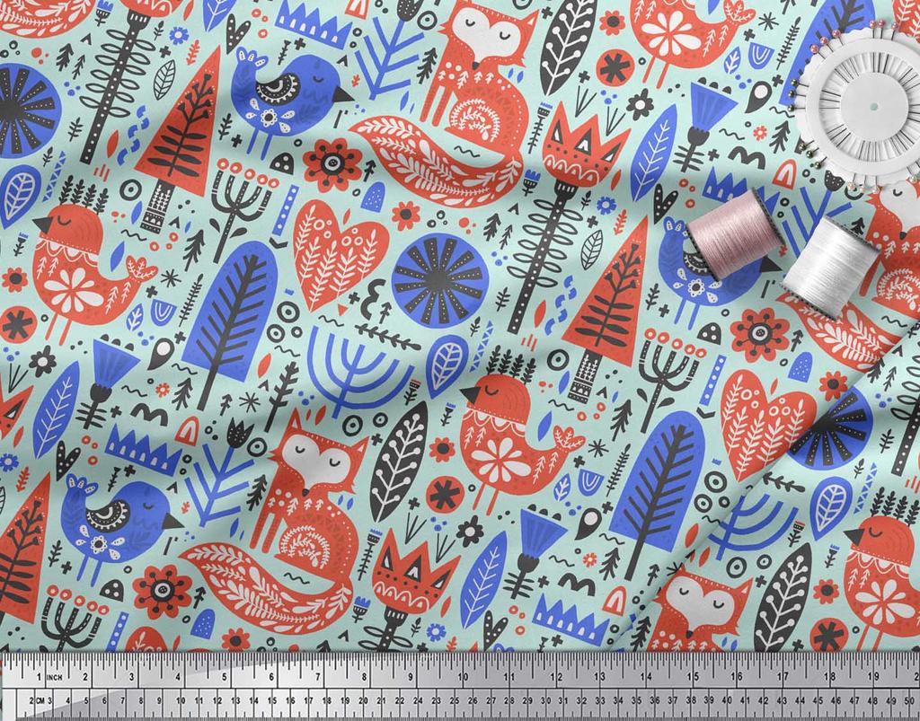 Soimoi Beige Poly Crepe Fabric Tree & Fox Folk Art Fabric Prints By Metre 42 Inch