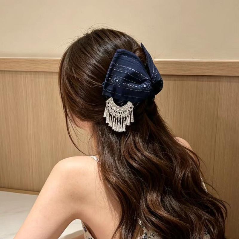1Pcs Navy Blue Soft Fabric Ethnic Hair Claw Clip Silver Tassel Secure Grip For Daily Wear Ethnic Outfit Matching